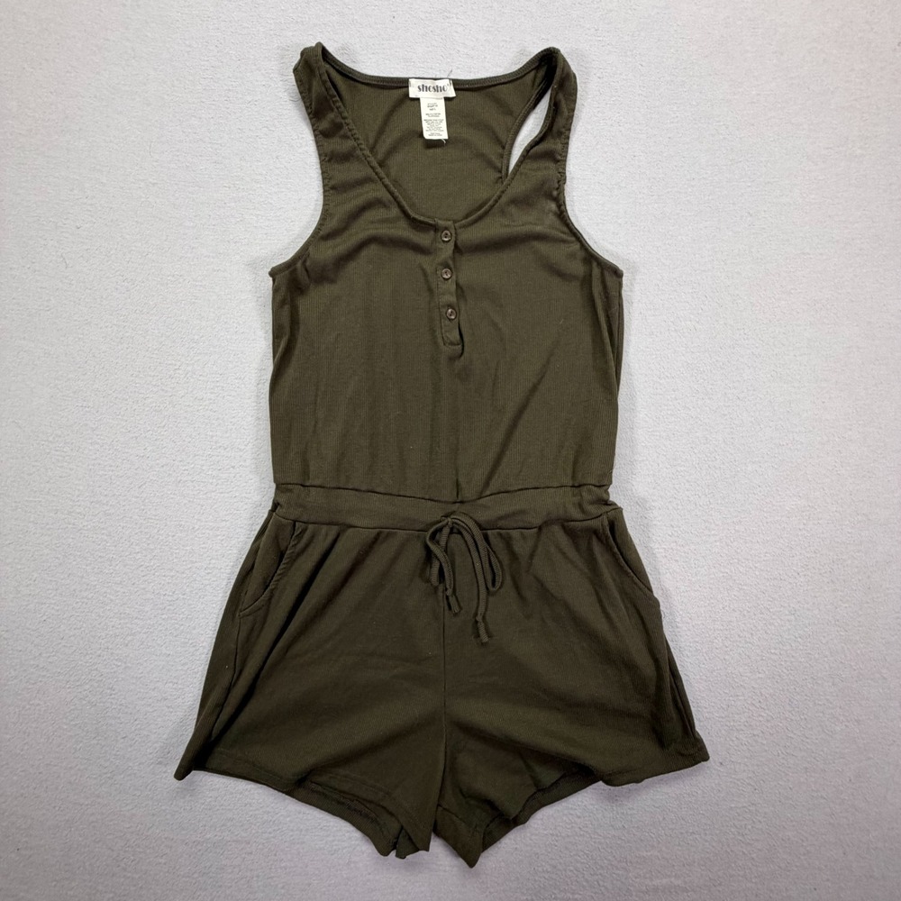 Shosho Womens Romper Regular Olive Green Henley Ribbed Racerback L